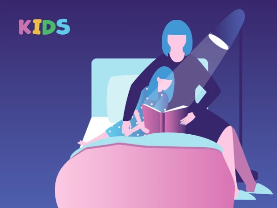 Illustratie van moeder die kind voorleest in bed