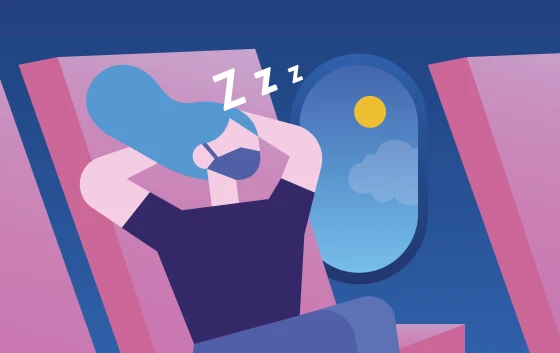 Illustratie van vrouw met mondkapje in het vliegtuig