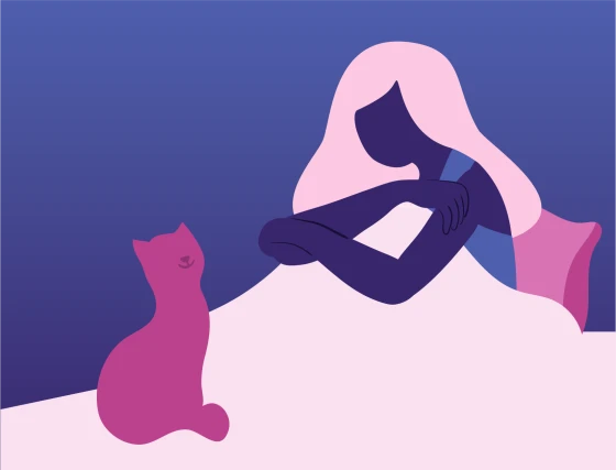 Illustratie van vrouw in bed met kat op de dekens