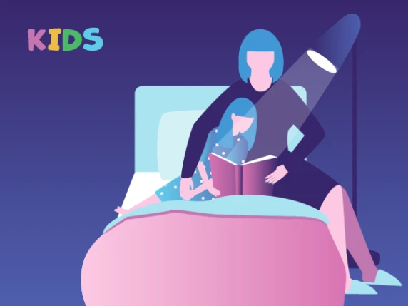 Illustratie van moeder die kind voorleest in bed