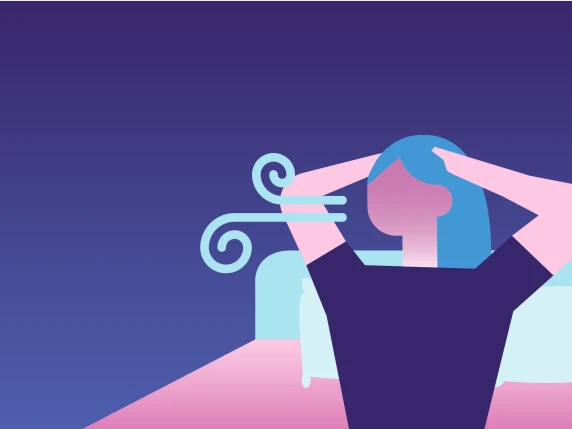 Illustratie van vrouw in bed met rood gezicht die het warm heeft