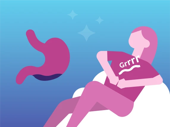 Illustratie van vrouw met honger die handen op buik legt