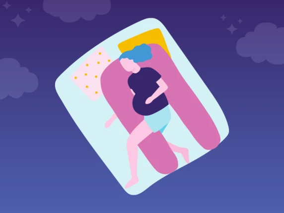 Illustratie van zwangere vrouw in bed met zwangerschapskussen